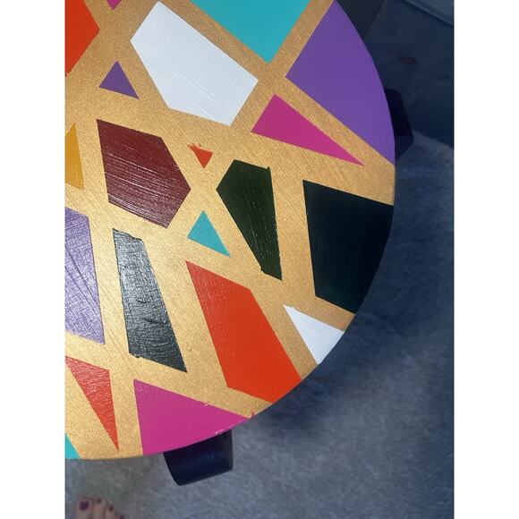 Hand painted Side Table Multicolor Navy Blue Legs Gold Geometric Unique Colorful - Picture 3 of 11